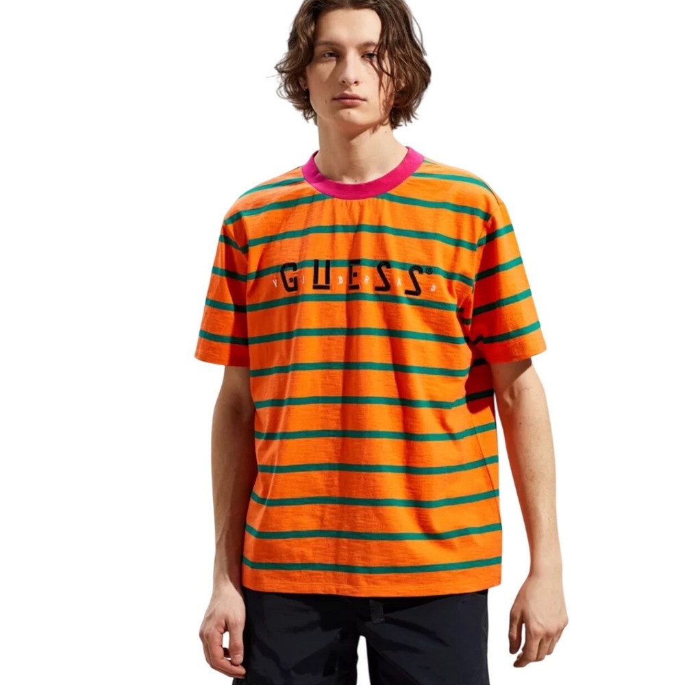 GUESS J. Balvin Vibras Collab Concert Stripe T-Shirt Orange Green Size M‎ EUC